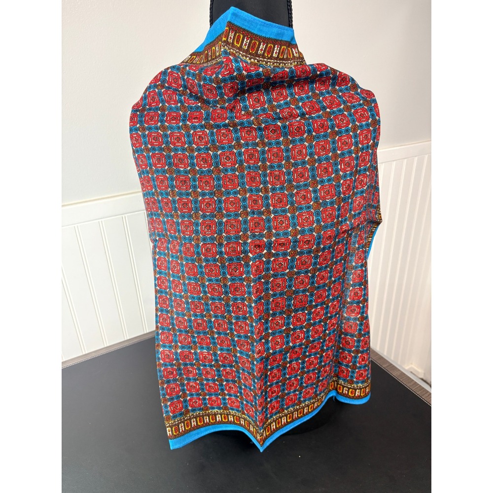 English Village Vintage 100% Virgin Wool Square Scarf Blue Red Geometric‎ 25x25